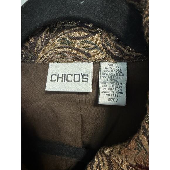 Chico’s | Wool Blend Jacket Blazer Chocolate Brown Gold Paisley Jacquard-Size XL - Picture 2 of 6